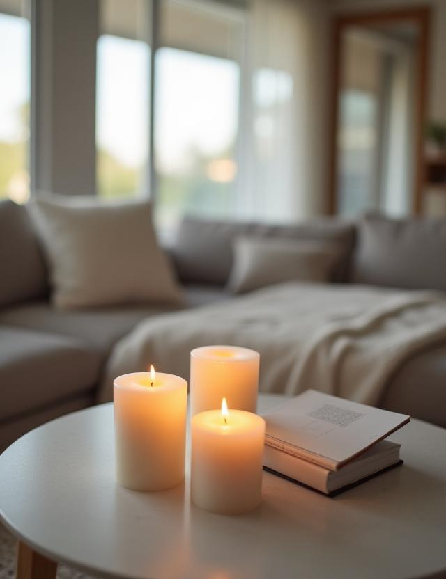 Vela encendida sobre una mesa de centro en un salón moderno y luminoso, creando un aura de calma.